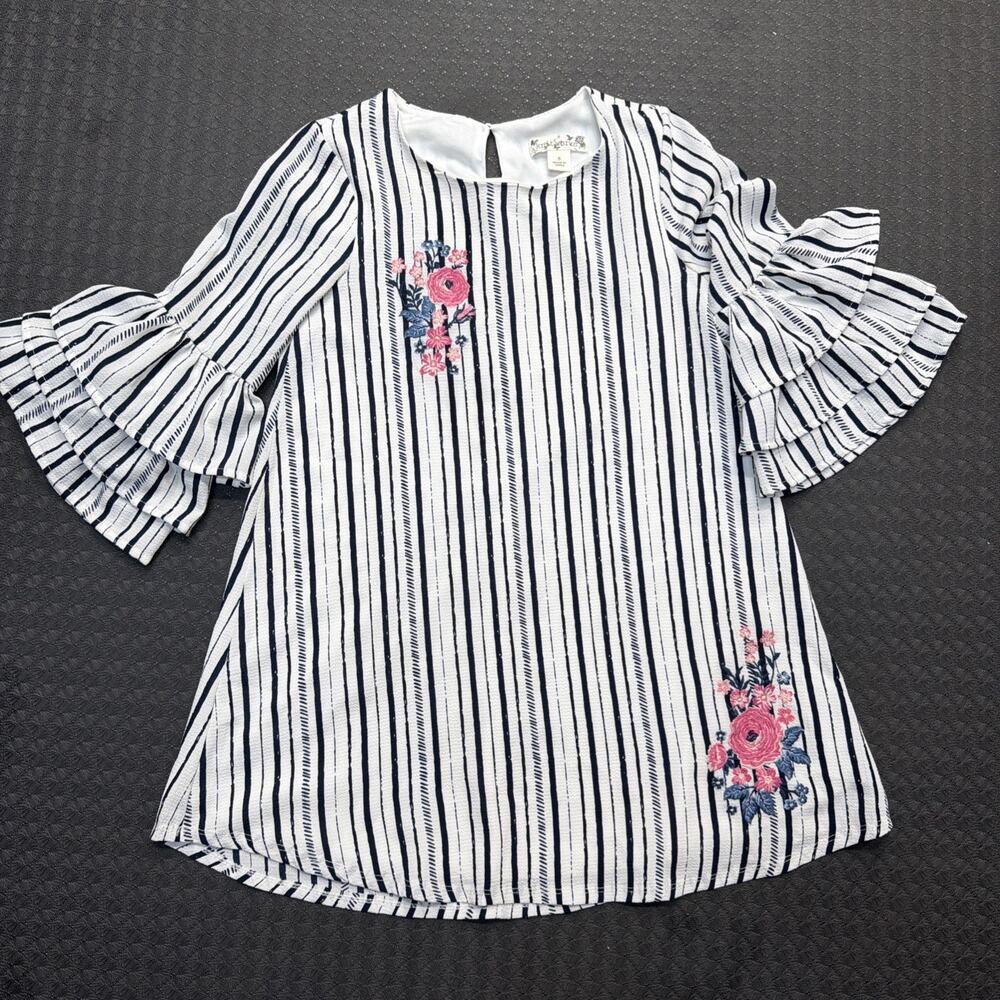 Knit Works Women Blouse size 8 Ivory Blue Striped 3/4 Ruffle Sleeves Embroidered